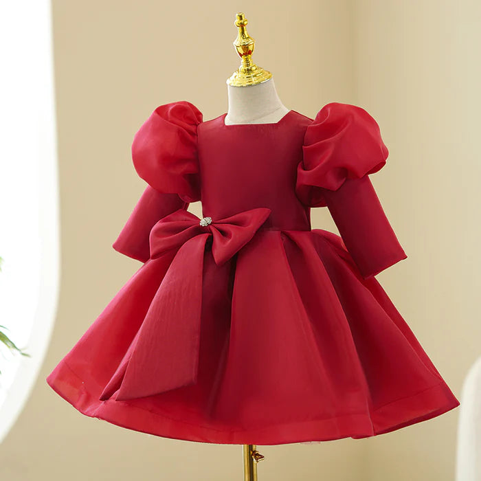 GIRL CHRISTMAS DRESS TODDLER PROM DRESS GIRL PRINCESS DRESS RED LONG SLEEVE BOW PUFFY PARTY DRESS