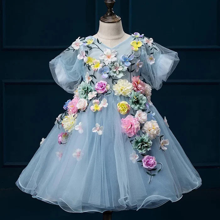 FLOWER GIRL DRESS BABY GIRL BLUE CUTE PRINCESS PARTY DRESS TODDLER BALL GOWNS