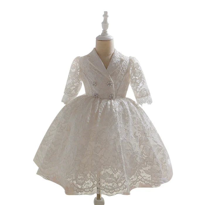 FIRST COMMUNION DRESS BABY GIRL ELEGANT LACE FLOWER BUTTON FORMAL PRINCESS DRESS