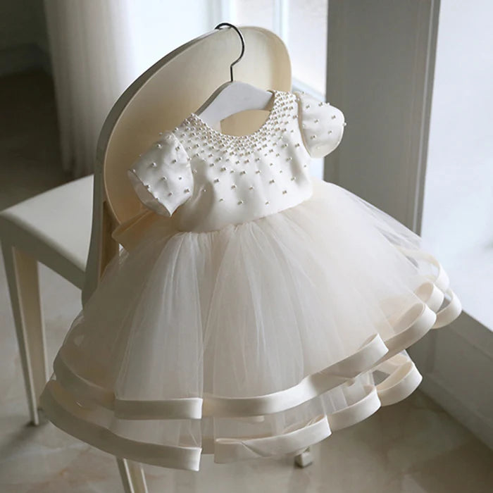 BAPTISM DRESSES BABY GIRL SUMMER WHITE BEAD PUFFY MESH BIRTHDAY PARTY DRESS