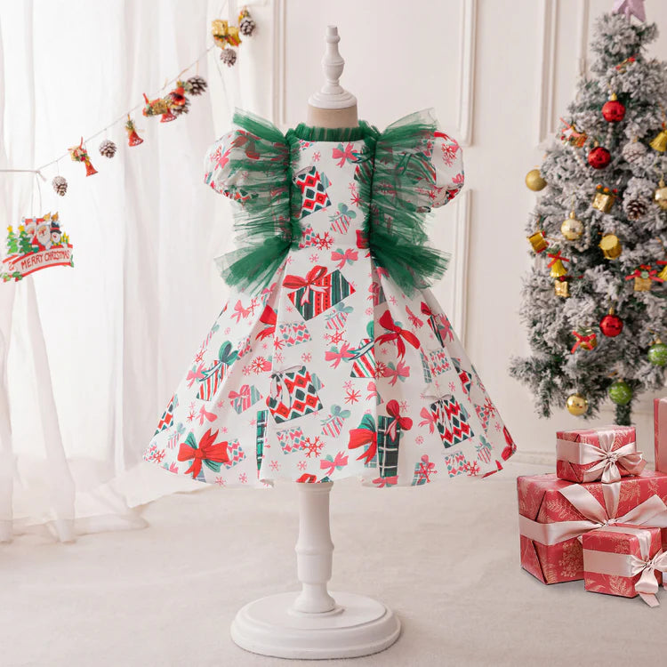 RETRO PRINTING CHRISTMAS DRESS BABY GIRL CHRISTMAS DRESS SEQUINED CHRISTMAS DRESS