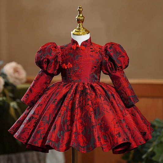 GIRL CHRISTMAS DRESS BABY GIRL DRESS FLOWER GIRL DRESS AUTUMN ELEGANT RED EMBROIDERY LONG SLEEVE PRINCESS PARTY DRESS