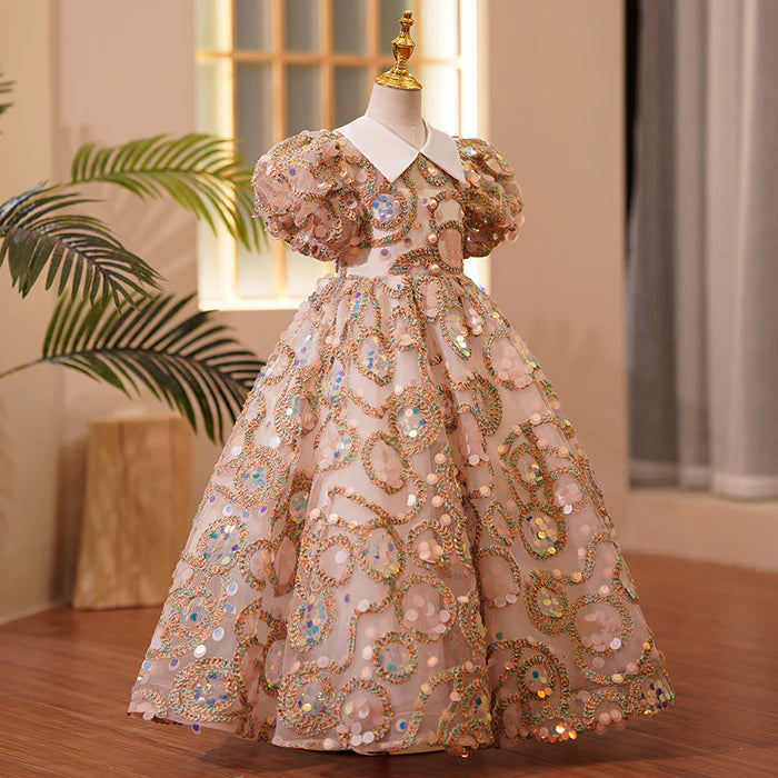 FIRST COMMUNION DRESS BABY GIRL EASTER DRESS GIRL SUMMER LUXURY SEQUINS PUFF SLEEVES PAGEANT PRINCESS DRESS