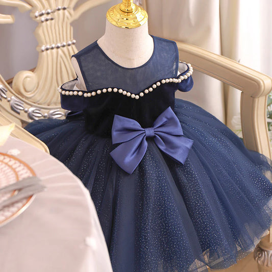 BABY GIRL FORMAL PRINCESS DRESSES TODDLER BLUE BEADWORK BOW PUFFY BIRTHDAY PARTY DRESS