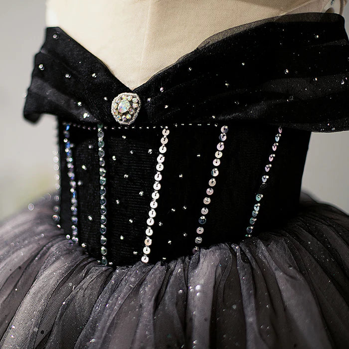 LITTLE GIRL DRESS FLOWER GIRL PAGEANT COMMUNION BLACK SEQUINS FLUFFY PRINCESS DRESS