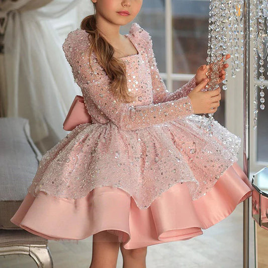 GIRL FORMAL DRESSES AUTUMN CUTE PAGEANT SEQUINS LONG SLEEVE PRINCESS DRESSES