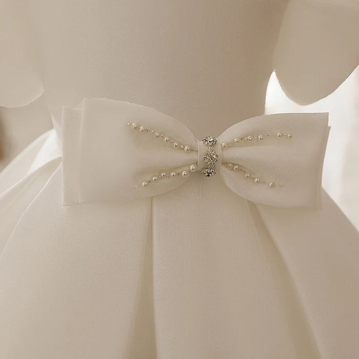 FIRST COMMUNION DRESS BABY GIRL WHITE TEXTURED PUFF SLEEVES PUFFY BOW PRINCESS CHRISTENING DRESS