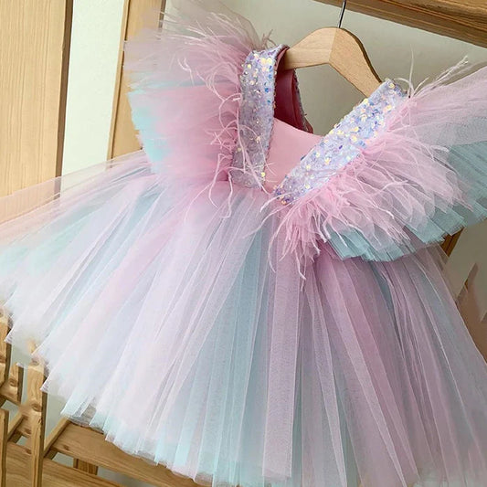 BABY GIRL PAGEANT PRINCESS DRESS TODDLER GORGEOUS LACE SLEEVELESS RAINBOW DRESS LITTLE GIRL PARTY DRESSES