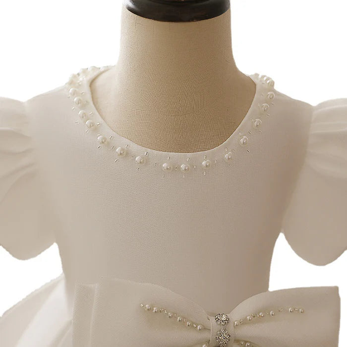 FIRST COMMUNION DRESS BABY GIRL WHITE TEXTURED PUFF SLEEVES PUFFY BOW PRINCESS CHRISTENING DRESS