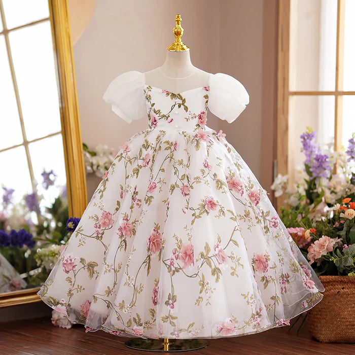 BABY GIRL FIRST COMMUNION DRESS CHILDREN FLOWERS EMBROIDERY PUFFY PRINCESS DRESS