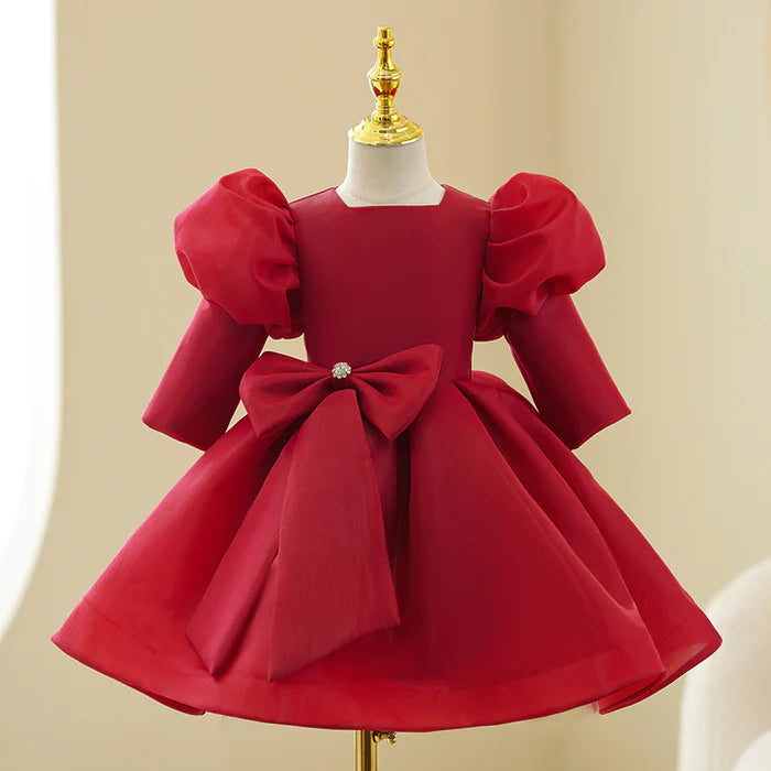 GIRL CHRISTMAS DRESS TODDLER PROM DRESS GIRL PRINCESS DRESS RED LONG SLEEVE BOW PUFFY PARTY DRESS