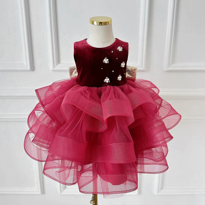 GIRLS WINE RED VELVET DRESS LUXURY CAKE DRESS TODDLER BIRTHDAY DRESS