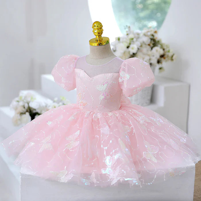 GIRL FORMAL PRINCESS DRESS BABY GIRL PINK BUTTERFLY SEQUINS BIRTHDAY PARTY DRESS