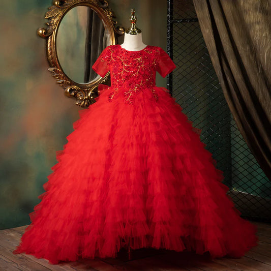 GIRL CHRISTMAS DRESS TODDLER COMMUNION DRESS CHILDREN RED FLUFFY PRINCESS BIRTHDAY TAIL GORGEOUS PAGEANT DRESS