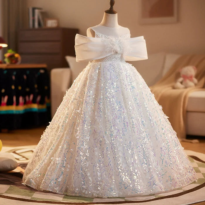 WINTER CHRISTENING DRESS BEAUTY PAGEANT DRESS TODDLER SEQUINS PARTY PRINCESS DRESS