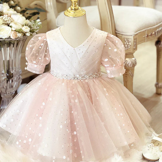 BABY GIRL FORMAL PRINCESS DRESSES GIRL SUMMER SEQUIN MESH PINK BIRTHDAY PROM DRESS