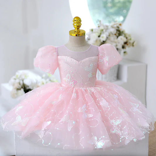 GIRL FORMAL PRINCESS DRESS BABY GIRL PINK BUTTERFLY SEQUINS BIRTHDAY PARTY DRESS