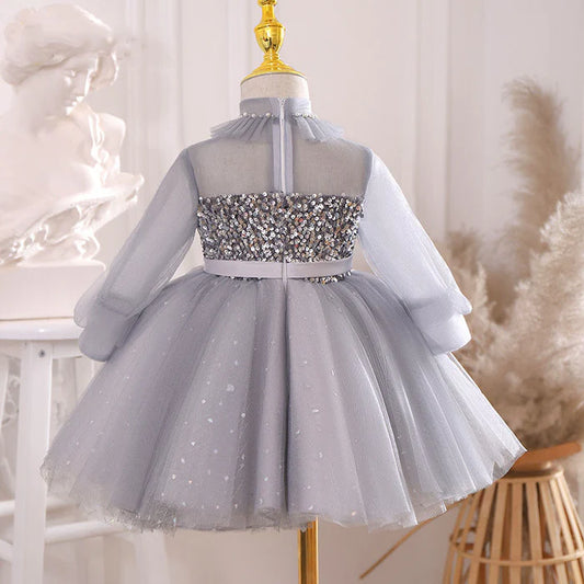 GIRLS BIRTHDAY PARTY DRESS LONG SLEEVE SEQUIN FLOWER GIRL PUFFY PAGEANT PRINCESS DRESS