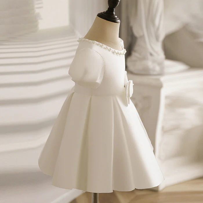 FIRST COMMUNION DRESS BABY GIRL WHITE TEXTURED PUFF SLEEVES PUFFY BOW PRINCESS CHRISTENING DRESS