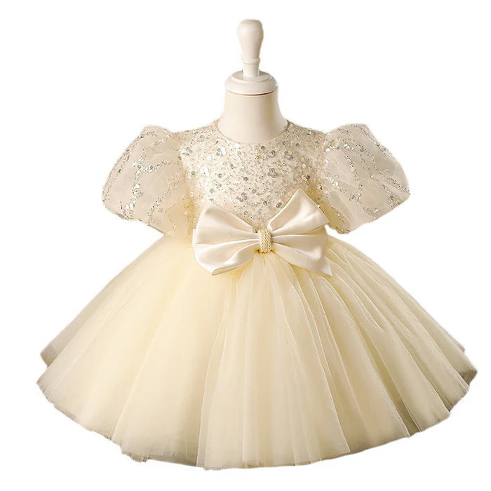 BABY GIRL CHAMPAGNE BOW SEQUINS PUFFY BIRTHDAY PRINCESS DRESS