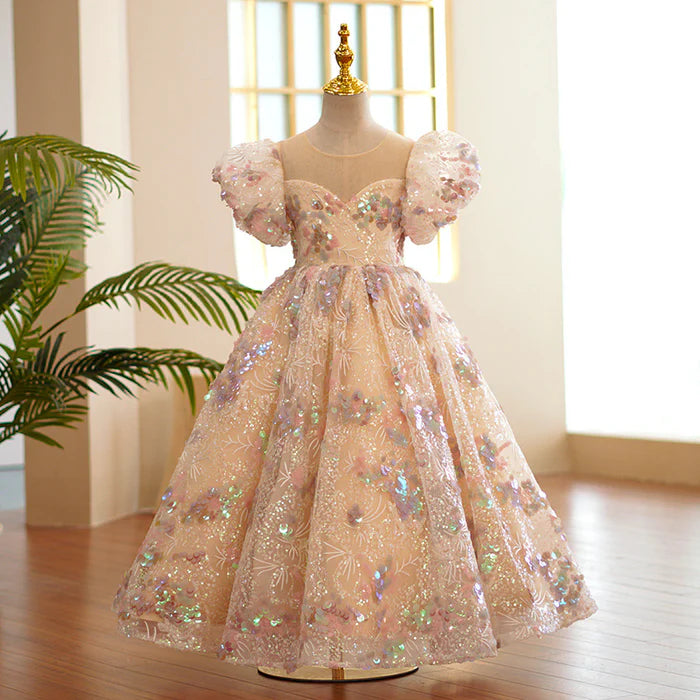 FLOWER GIRL DRESSES GIRLS PAGEANT FORMAL DRESS BABY GIRL LUXURY MESH SEQUINS BIRTHDAY PARTY DRESS