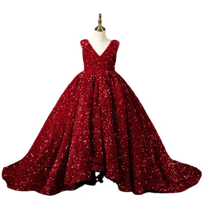 GIRL CHRISTMAS DRESS LUXURY RED SLEEVELESS TRAILING SEQUINS FLUFFY PRINCESS COMMUNION DRESS