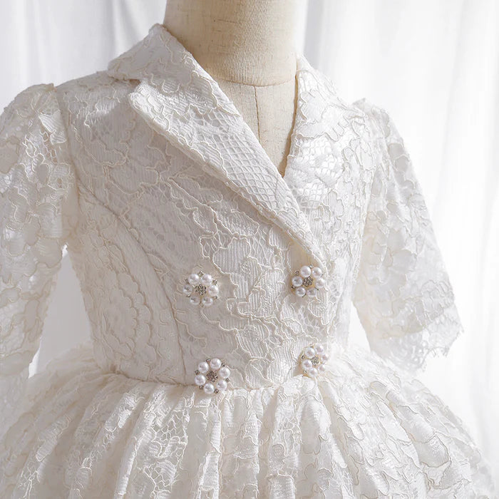 FIRST COMMUNION DRESS BABY GIRL ELEGANT LACE FLOWER BUTTON FORMAL PRINCESS DRESS