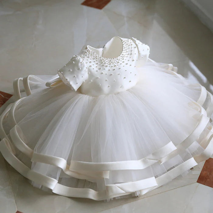 BAPTISM DRESSES BABY GIRL SUMMER WHITE BEAD PUFFY MESH BIRTHDAY PARTY DRESS