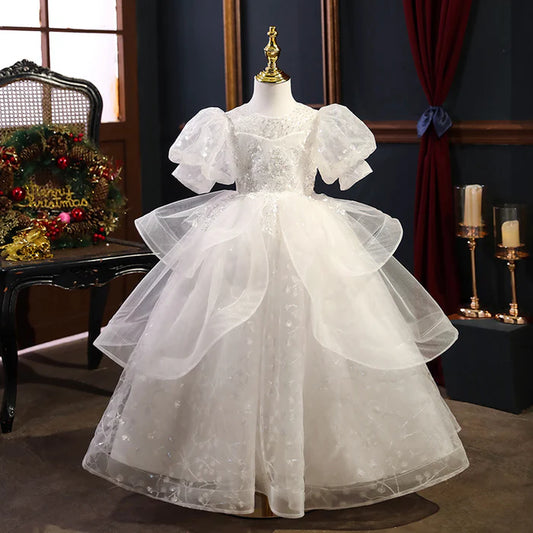 FIRST COMMUNION DRESS GIRLS BIRTHDAY PARTY DRESS WHITE ELEGANT SEQUIN FORMAL PRINCESS DRESS