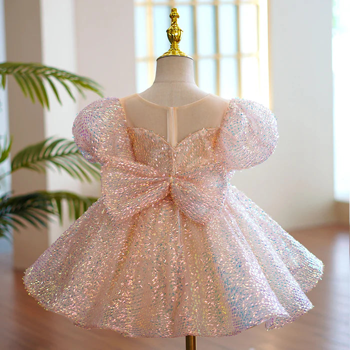 BABY GIRL PAGEANT PRINCESS DRESSES TODDLER SUMMER ELEGANT PINK SEQUIN BOW BIRTHDAY PARTY DRESS