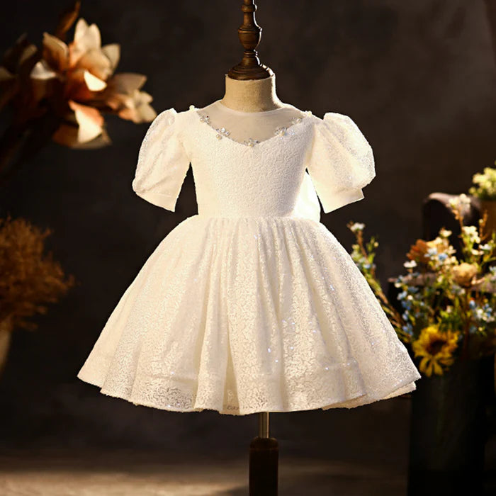 GIRL FORMAL PRINCESS DRESSES BABY GIRL SUMMER WHITE FLOWER PUFFY BIRTHDAY PROM DRESS