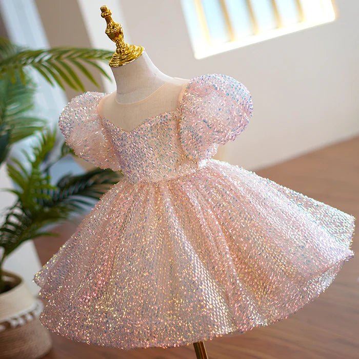 BABY GIRL PAGEANT PRINCESS DRESSES TODDLER SUMMER ELEGANT PINK SEQUIN BOW BIRTHDAY PARTY DRESS