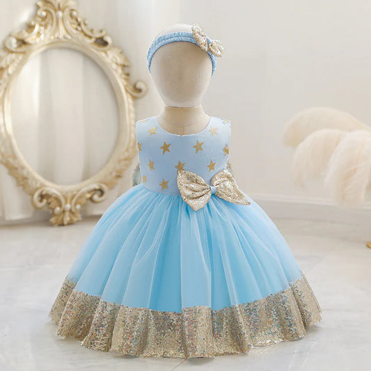 BABY GIRL PRINCESS DRESS TODDLER SUMMER SEQUIN BOW STARS BIRTHDAY PARTY PAGEANT DRESS