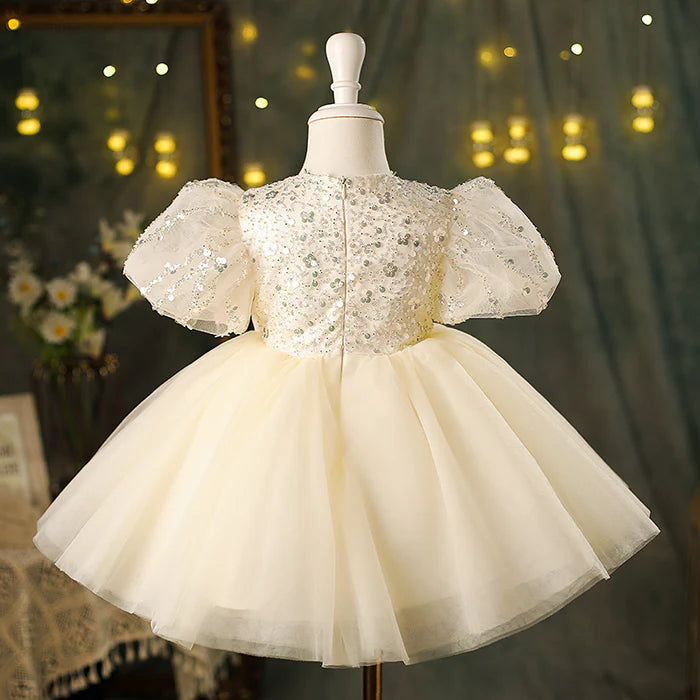 BABY GIRL CHAMPAGNE BOW SEQUINS PUFFY BIRTHDAY PRINCESS DRESS