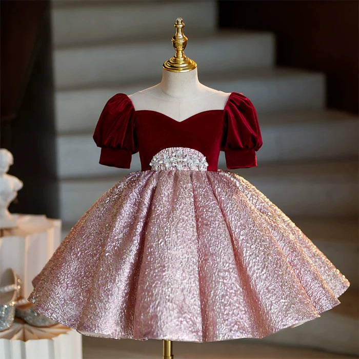 CHRISTMAS DRESS GIRLS EVENING DRESS PUFF SLEEVE PRINCESS DRESS