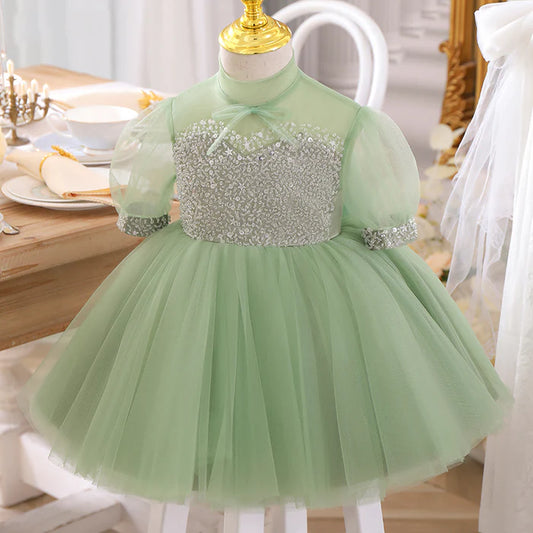 BABY GIRL SUMMER GREEN BOW PUFFY GIRL DRESS PRINCESS PARTY DRESS