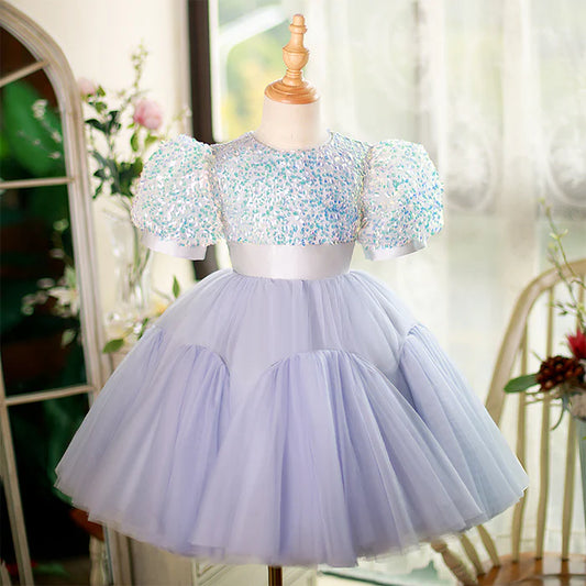 BABY GIRL PRINCESS DRESS PURPLE PUFFY SLEEVES BIRTHDAY PARTY DRESS