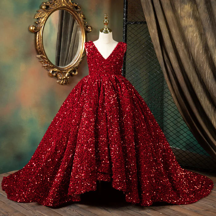 GIRL CHRISTMAS DRESS LUXURY RED SLEEVELESS TRAILING SEQUINS FLUFFY PRINCESS COMMUNION DRESS