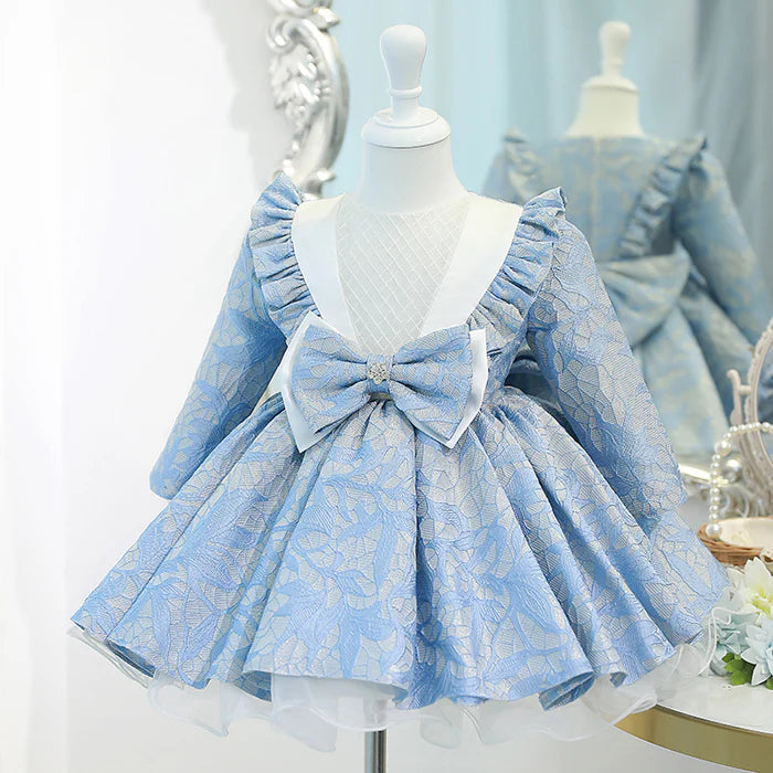 BABY GIRL PRINCESS DRESS GIRL BLUE LONG SLEEVE BOW KNOT FLUFFY FORMAL DRESSES