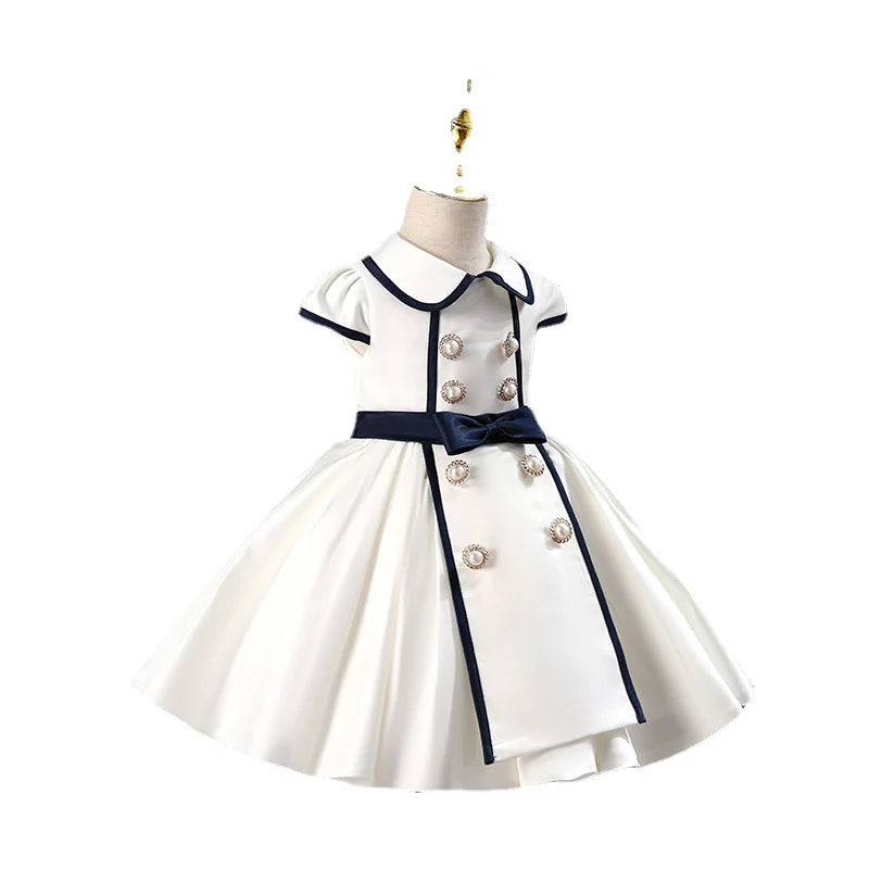 GIRL FORMAL PRINCESS DRESSES BABY GIRL WHITE ELEGANT BUTTON BIRTHDAY PARTY DRESS