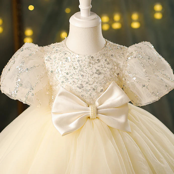 BABY GIRL CHAMPAGNE BOW SEQUINS PUFFY BIRTHDAY PRINCESS DRESS