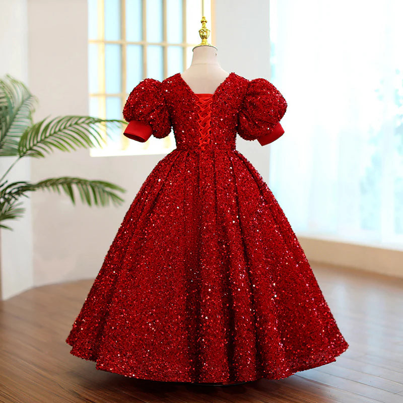 GIRL CHRISTMAS DRESS FIRST COMMUNION DRESS RED SEQUIN ROUND NECK BIRTHDAY PARTY PRINCESS DRESS