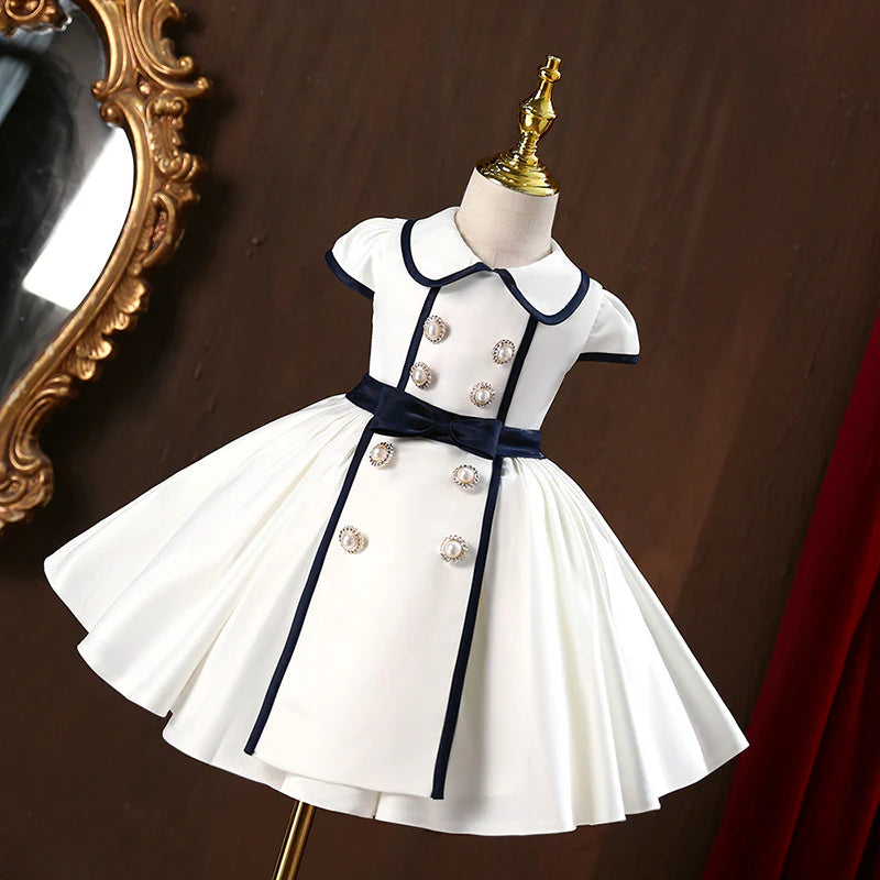 GIRL FORMAL PRINCESS DRESSES BABY GIRL WHITE ELEGANT BUTTON BIRTHDAY PARTY DRESS