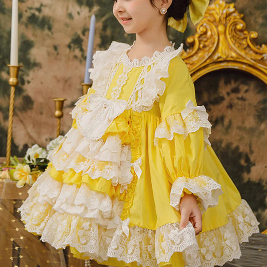 BABY GIRL PRINCESS PARTY DRESS YELLOW LOLITA LACE FLORAL GIRL CAKE DRESS