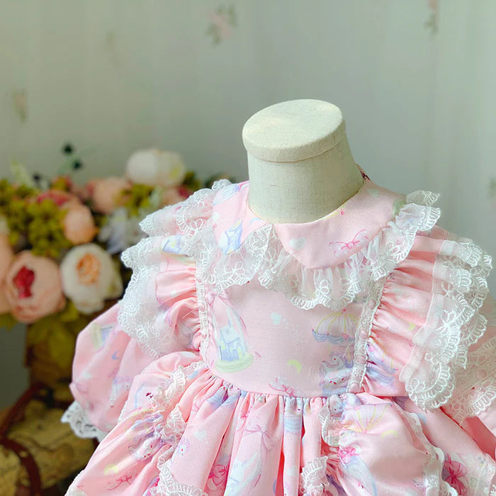 BABY GIRL PINK LONG SLEEVE LOLITA LACE DRESSES GIRL PRINCESS PARTY DRESSES