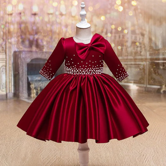 GIRL CHRISTMAS DRESS BABY GIRL FORMAL DRESSES TODDLER BEADED BOW WEDDING DRESS GIRL BIRTHDAY DRESSES