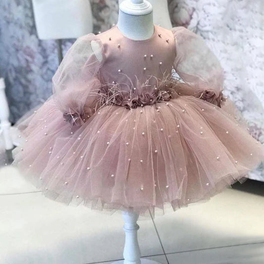 BABY GIRL PRINCESS DRESS TODDLER BEAD BOW PUFFY BIRTHDAY PARTY DRESS GIRL FORMAL DRESSES