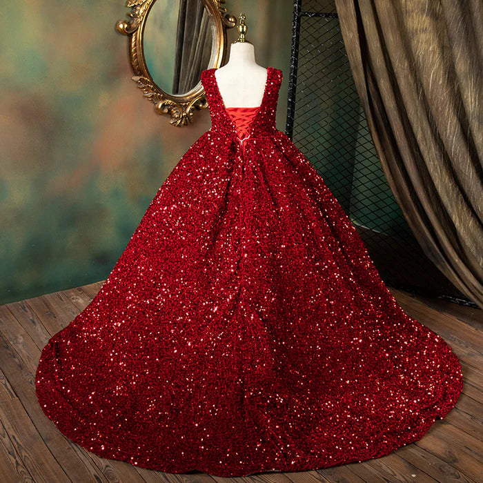 GIRL CHRISTMAS DRESS LUXURY RED SLEEVELESS TRAILING SEQUINS FLUFFY PRINCESS COMMUNION DRESS