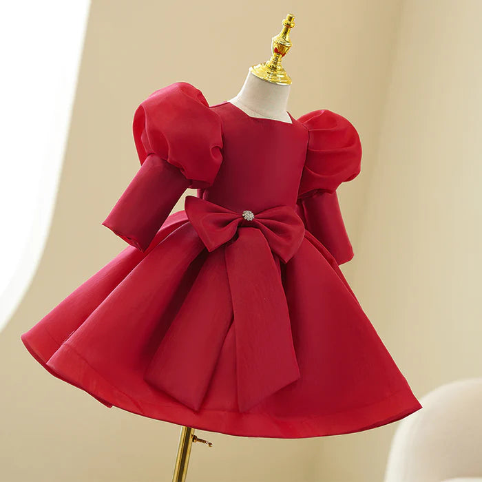 GIRL CHRISTMAS DRESS TODDLER PROM DRESS GIRL PRINCESS DRESS RED LONG SLEEVE BOW PUFFY PARTY DRESS