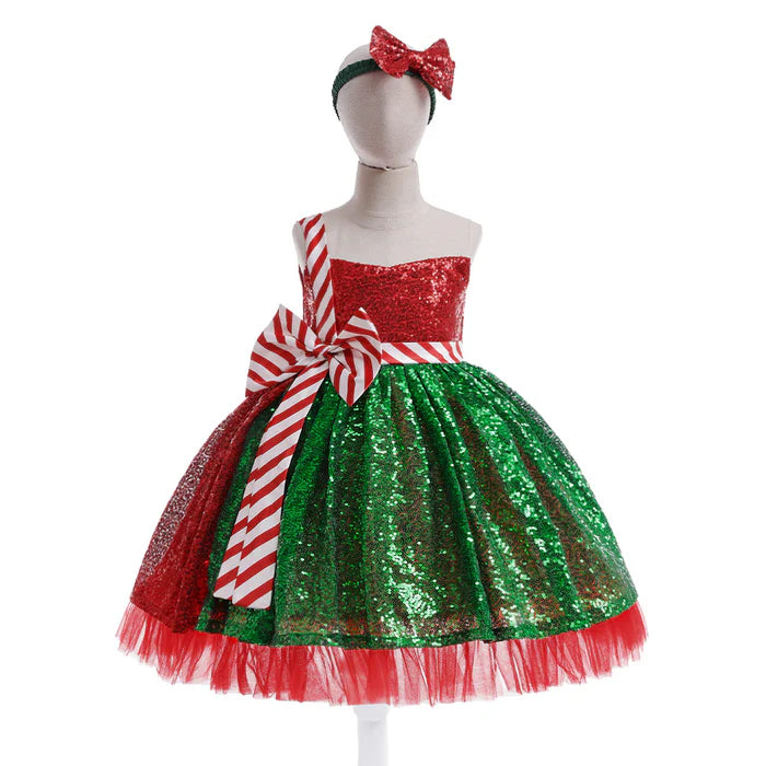 STRIPED BOW CHRISTMAS DRESS BABY GIRL CHRISTMAS DRESS SEQUINED CHRISTMAS DRESS